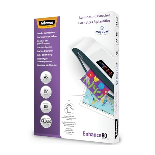 Fellowes Pouches per plastificazione per documenti, formato A5, finitura lucida, confezione da 100 pezzi, 160 micron, 2x80 micron, Finitura di alta qualità, adatti per foto e avvisi