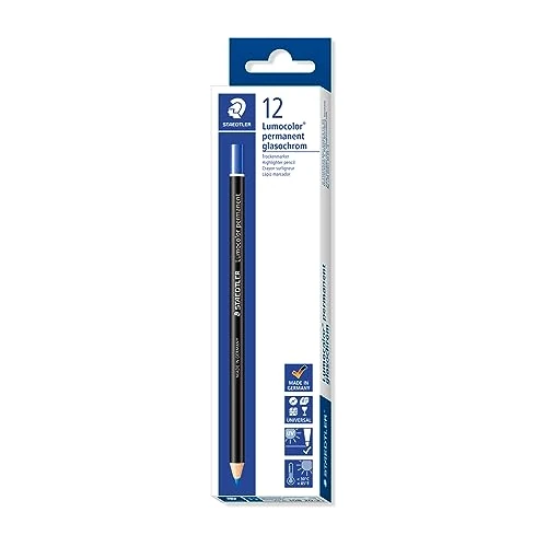 Offre limitee: Staedtler Lumocolor Glasochrom, Crayons bleus permanents pour tout type de surface, Résistants à l'eau et à la lumière, Couleurs intenses pigmentées, Boîte carton de 12 crayons assortis, 108 20-3 VE de 22.77 EUR a 22.77 EUR (economie 0%)