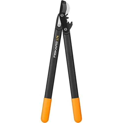 Fiskars Coupe-branches à lames franches pour bois vert, Système à crémaillère PowerGear, Revêtement antiadhésif, Diamètre de coupe: 3,8 cm, Acier trempé, Longueur: 55 cm, Noir/Orange, L74, 1000582