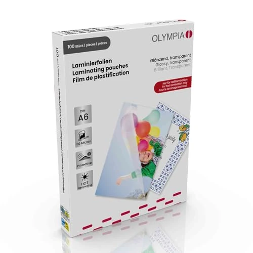 Zeitlich begrenztes Angebot: Olympia Laminierfolien DIN A6 80 Micron, 100 Stück – Laminiertaschen glänzend & transparent – wasserfest & reißfest – für Fotos, Visitenkarten, Ausweise – kompatibel mit Laminiergerät, 9168 von 5.99 € auf 4.29 € (28% Rabatt)