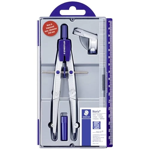 Limited-time offer: STAEDTLER 550 01 Noris School Compass with Centre Wheel, Universal Adapter and Lead Box (350 mm Diameter), Blue / Silver from 10.79 GBP to 9.86 GBP (save 9%)