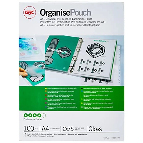 Offerta a tempo: GBC Pouch Confezione da 100 Buste per Plastificazione a Caldo, con Finitura Lucida e Margine Perforato, in Formato A4, Spessore di 2 x 75 Micron, 216 x 303 x 2 mm, 41664E - 0.00% da 40.17 € a 40.17 €