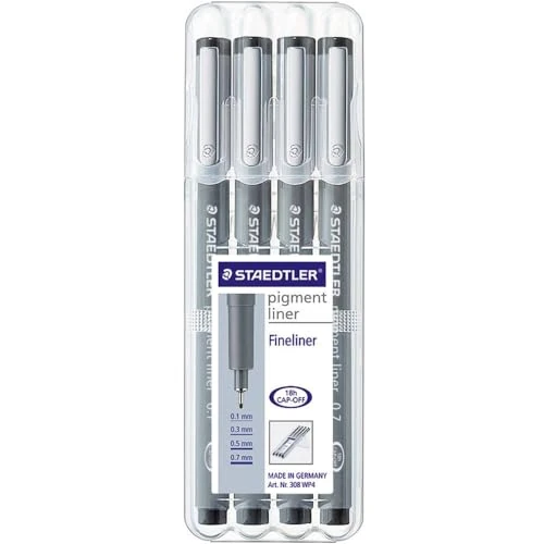 Zeitlich begrenztes Angebot: STAEDTLER schwarze pigment liner in unterschiedlichen Linienbreiten, dokumentenechte Pigmenttinte, lange Metallspitze, lange Lebensdauer, 4 Liner in 4 Linienbreiten in stabiler STAEDTLER-Box, 308 WP4 von 7.49 € auf 6.35 € (15%