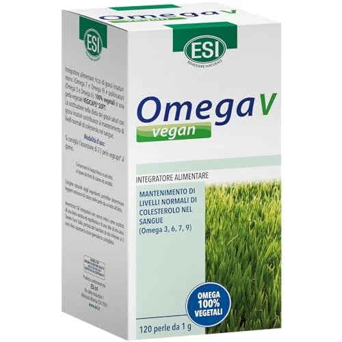 ESI, Omega V Vegan, Integratore Alimentare di Acidi Grassi Omega 3, 6, 7, 9 con Olio di Semi di Lino, Contribuisce ai Normali Livelli dei Colesterolo, Senza Glutine e Vegano, 120 Perle