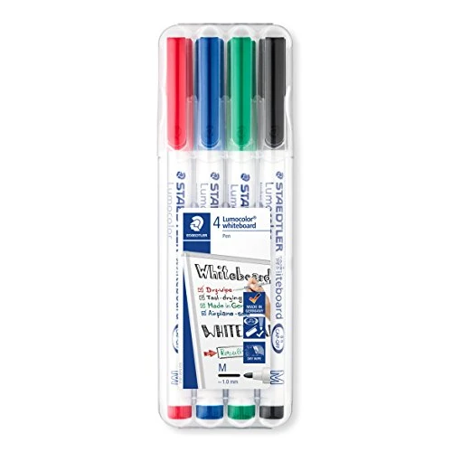 Offre limitee: Staedtler Lumocolor 301, Feutres pour tableau blanc effaçables à sec, Sans xylène ni toluène et quasi-inodore, Pointe ogive de 1 mm, Étui chevalet avec 4 couleurs assorties, 301 WP4 de 7.49 EUR a 7.22 EUR (economie 4%)
