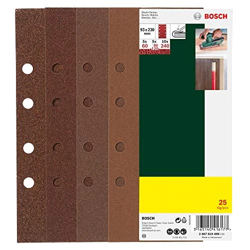 Begrenztes Angebot: Bosch Home and Garden 25tlg. Schleifblatt-Set zur Spannbügelbefestigung, verschiedene Materialien für Schwingschleifer (Körnung 60/80/120/240, 8 Löcher) 2607019499 von 7.40 EUR auf 4.29 EUR (Rabatt 42%)