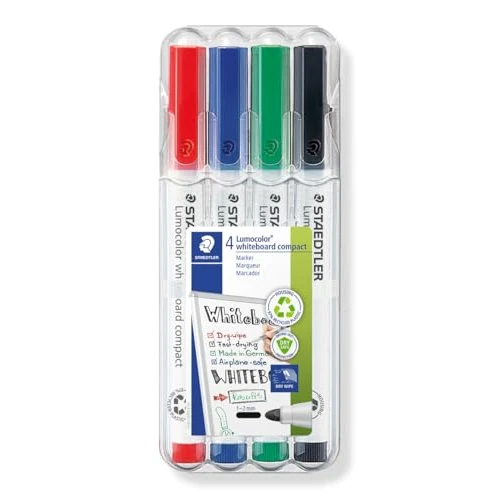 Tijdelijke aanbieding: STAEDTLER Lumocolor 341 Whiteboard Compact – 4 kleuren, 1,0–2,0 mm | Uitwisbare inkt, residuvrij op glas & porselein – DRY SAFE cap-off-technologie – Art.-Nr. 341 WP4 van 7.80 € naar 7.80 € (0.00% korting)
