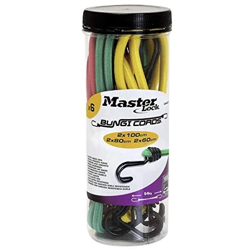 Oferta limitada: Master Lock 3040EURDAT Cuerdas elásticas con Ganchos Invertidos, óptimo para Sujetar Cargas Pequeñas, Camping, Mudanzas, Paquete de 6 Tensores, 2 x 60 cm + 2 x 80 cm + 2 x 100 cm de 20.80 € a 16.15 € (ahorro 22%)