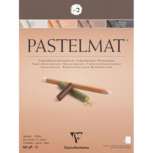 Clairefontaine 96005C Blok Pastelmat n°2 – 12 arkuszy specjalnego papieru do pasteli suchych – 18x24 cm 360g – 4 kolory – przekładki z papieru krystalicznego