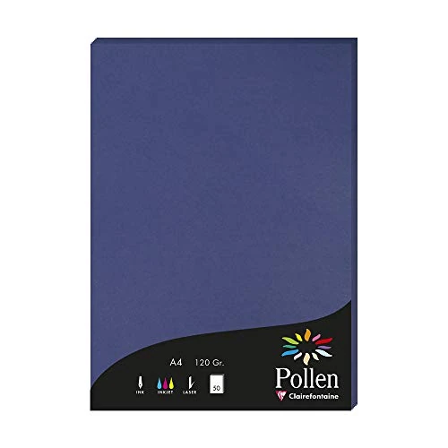 Clairefontaine 4284C - Étui de 50 Feuilles - Format A4 (21x29,7cm) - 120g/m² - Coloris Bleu Nuit - Papier d'Invitation Evènements et Correspondance - Gamme Pollen - Papier Premium Lisse