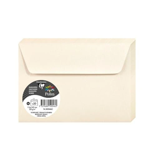 Offerta a tempo: Clairefontaine 50046C - Pacco da 20 Buste autoadesive - Formato C6 (11,4x16,2cm) - 120g - Colore Avorio iridescente -Inviti Eventi e Corrispondenza - Gamma Pollen - Carta Premium Liscia - 0.00% da 14.18 € a 14.18 €
