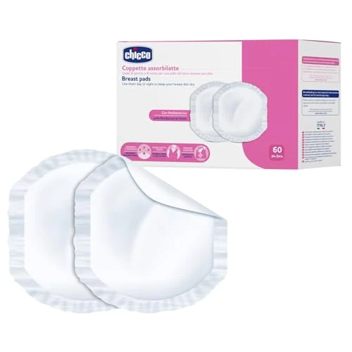 Chicco Coppette Assorbilatte Giorno e Notte, con Antibatterico, Ultra-Assorbenti, Morbide e Traspiranti, con Striscia Adesiva per Fissare le Coppette in Posizione, Design Discreto, 60 Pezzi, Bianco