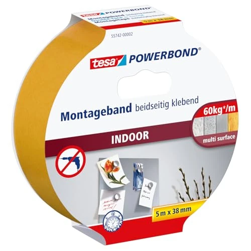 tesa Powerbond INDOOR - Nastro di montaggio biadesivo per interni - adesivo forte su entrambi i lati, per un montaggio permanente - 5 m