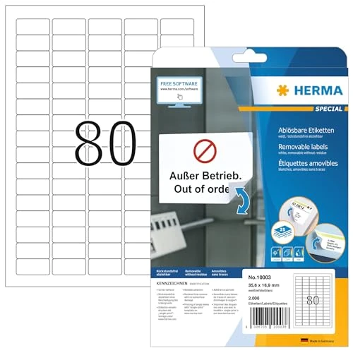 Offerta a tempo: HERMA Etichette Staccabili, 35,6 x 16,9 mm, Etichette Adesive A4 per Stampante, 80 Etichette per Foglio, Bianco - 0.00% da 16.91 € a 16.91 €