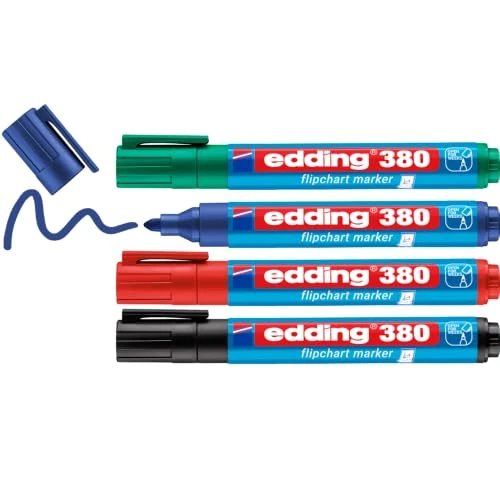 Offre limitée : Edding 380 Marqueur pour chevalets - étui de 4 - noir, rouge, bleu, vert - pointe ronde 1,5-3 mm - marqueur pour écrire, dessiner et marquer sur du papier pour tableau de conférence - ne déborde pas de 8.49 € à 7.71 € (9% de remise)