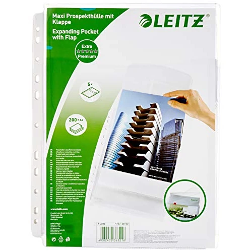 Tijdelijke aanbieding: Leitz Premium Harmonica A4 Showtas, 5 Stuks, Capaciteit tot 200 Vellen, 170 Micron, Universele 11 Gaats Strip, Met Beschermende Klep, PVC, 1 x 23,6 x 30,7 Centimeter, Transparant, 47573003 van 12.49 € naar 12.49 € (0.00% korting)