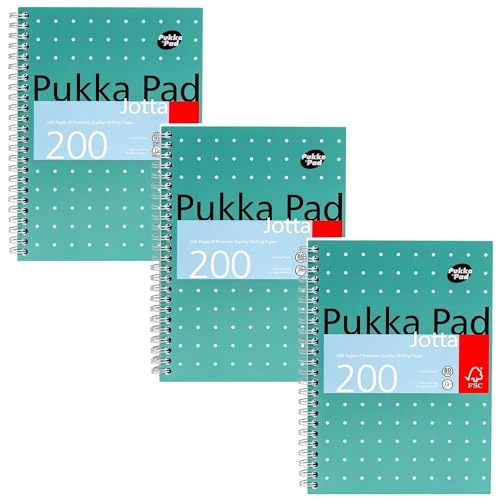 Pukka Pad, A5 Metallic Jotta Book 3-Pack for Home, School, and Office – 15 x 21cm – Wirebound Notebook with 8mm Lines and 80GSM Paper – Features Perforated Edges - 200 Pages, Green