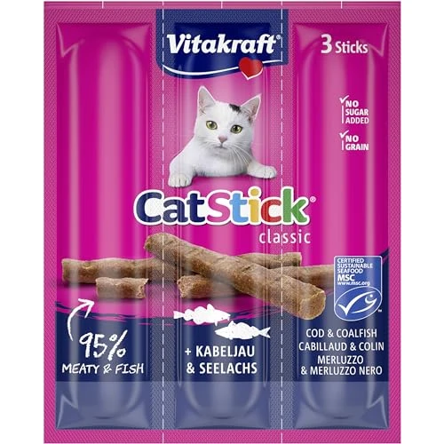 Vitakraft - Cat Stick Mini, Snack para Gatos, Barritas de Bacalao y Atún- envase de 3 sticks de 6 g, 18 g