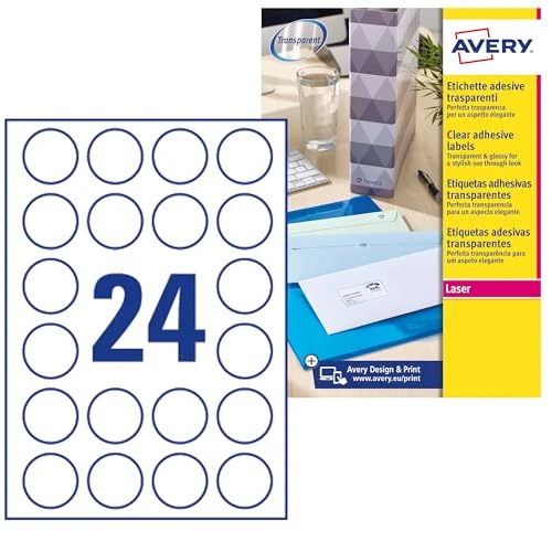 Avery Italia L7780-25 Etichette adesive trasparenti lucide, 25 fogli A4, rotonde 40mm, 24 etichette per foglio, adesivo permanente, stampanti laser