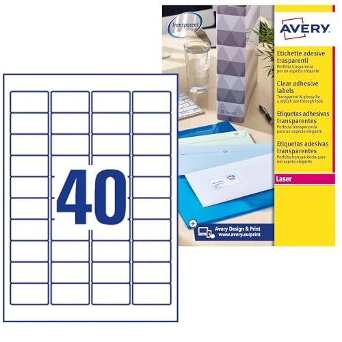 Offerta a tempo: Avery Italia L7781-25 Etichette adesive trasparenti lucide, 25 fogli A4, rettangolari 45,7x25,4mm, 40 etichette per foglio, adesivo permanente, stampanti laser - 0.00% da 44.66 € a 44.66 €