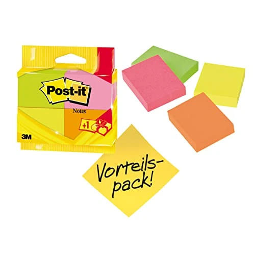 Post-It Colori Neon Assortiti 38 mm x 51 mm Pacchetto Promozionale 100 Fogli/Blocchetto 3 + 1 Blocchetti Gratis/Confezione