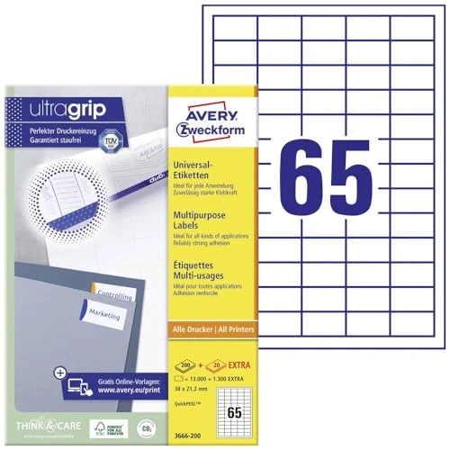 Oferta limitowana: AVERY Zweckform 3666-200 uniwersalnych etykiet (13 000 plus 1300 dodatkowych etykiet samoprzylepnych, 38 x 21,2 mm na A4, papier matowy, do indywidualnego drukowania, samoprzylepne naklejki z z 233.54 zł na 233.54 zł (oszczędź 0.00%)