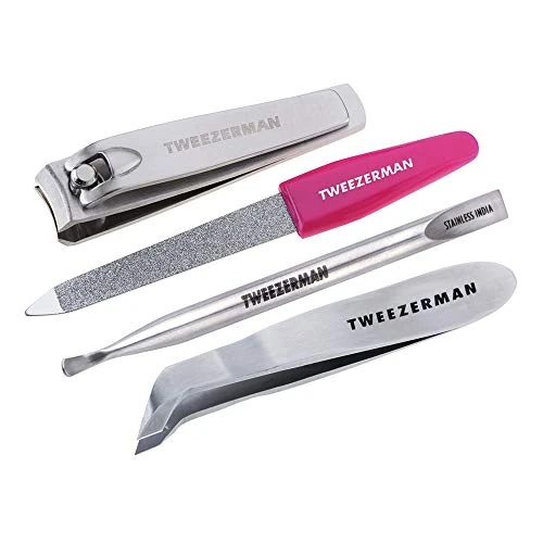 TWEEZERMAN Manicura y pedicura (4 piezas, mini set de emergencia, set de viaje para cualquier bolso, con cortaúñas, lima de uñas), rosa