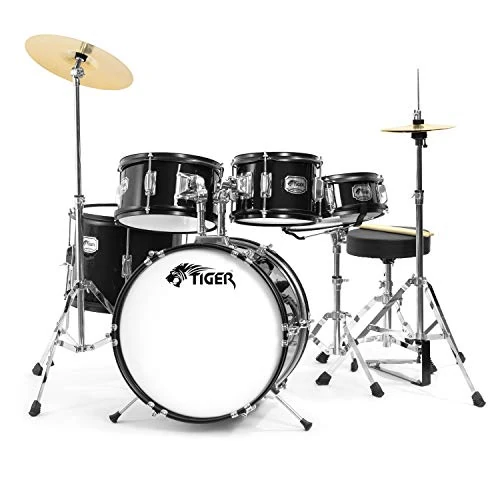 TIGER JDS14-BK Batteria per ragazzi 5 pezzi, con rullante, tom, basso, pedale, piatti, Hi-Hat, bacchette e sgabello - colore nero