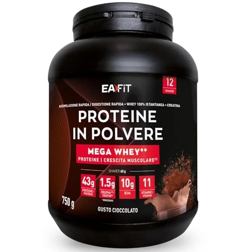 Offre limitee: EAFIT- Mega Whey- construction musculaire pour la musculation- 43g de protéines de Whey+10g de BCAA+1,5g de créatine par shaker- Assimilation Rapide- Chocolat- 750g- Creatine monohydrate de 42.09 EUR a 29.72 EUR (economie 29%)