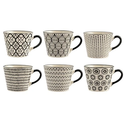 H+H Vhera Set of 6 Breakfast Cups, 340 ml, Stoneware, White/Black, Durable and Capacious, Modern Design Bicolor, Ideal for Cappuccino, Latte, Tea