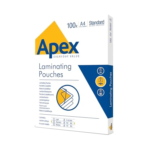 Limited offer: Fellowes Apex A4 Laminating Pouches, Glossy Finish, 100 Sheets - Standard - Ideal for Notices, Photos, Creatives, Certificates and Everyday Use from 50.07 EUR to 50.07 EUR (save 0%)