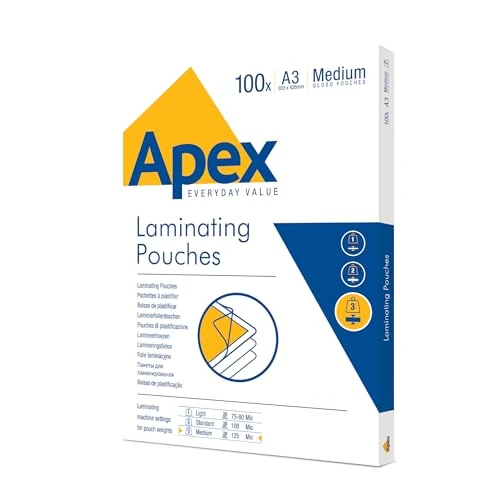 Offerta a tempo: Fellowes 6003401 Pouches per plastificazione Apex formato A3, spessore normale, Finitura lucida, ideali per avvisi, foto e creatività, confezione da 100 fogli - 0.00% da 25.79 € a 25.79 €