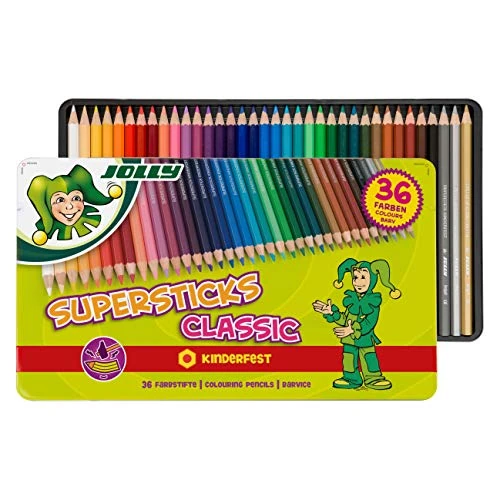 Matite colorate JOLLY Supersticks Kids Fest, Matite colorate infrangibili e non tossiche, 36 penne, scatola di metallo, alta qualità, forma di matita colorata esagonale, adatto per bambini dai 5 anni