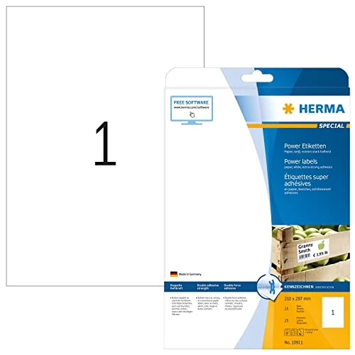 Offre limitée : Herma 10911 Étiquettes super adhésives 210 x 297 A4 25 pièces Blanc de 19.17 € à 19.17 € (0.00% de remise)