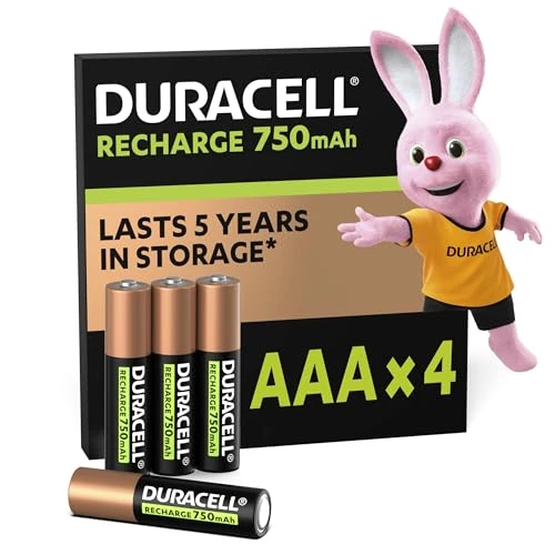 Limited-time offer: Duracell AAA Rechargeable Batteries (Pack of 4), 750 mAh NiMH, 1000 cycles, pre-charged, Long Lasting Power with a 0% plastic 100% recyclable packaging from 12.75 GBP to 9.06 GBP (save 29%)