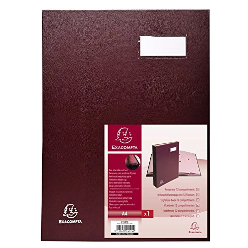 Offerta a tempo: Exacompta - rif. 24124E - 1 libro firma - dorso a soffietto telato - portaetichetta - copertina plastificata - 12 scomparti in carta rosa con 3 fori - dim 24x32 cm - colore bordeaux - 57% da 30.01 € a 13.00 €