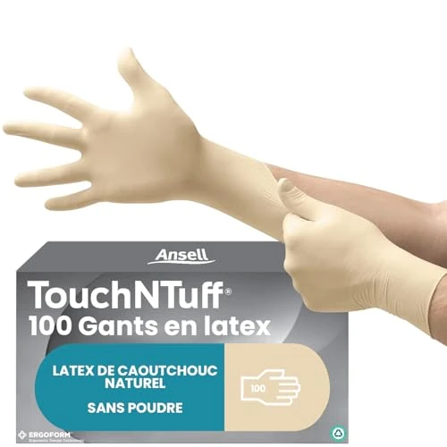 Ansell TouchNTuff 69-318 Latex Einweghandschuhe Puderfrei, Professionelle Schutzhandschuhe mit Texturierte Fingerspitzen, Lebensmittel Einmalhandschuhe, Weiß, Größe S (100 Handschuhe)