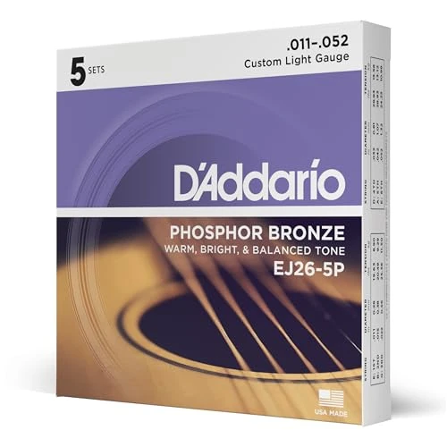 D'Addario Guitar Strings - Phosphor Bronze Acoustic Guitar Strings - EJ26-5P - Rich, Full Tonal Spectrum - For 6 String Guitars - 11-52 Custom Light, 5-Pack