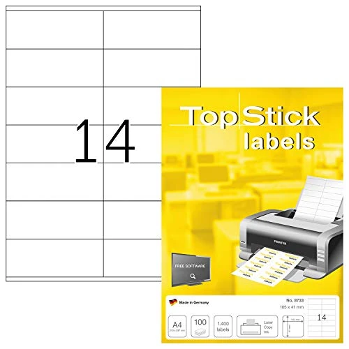 Tijdelijke aanbieding: TopStick 8733 universele etiketten A4 (105 x 41 mm, 100 velle, papier, mat) zelfklevend, bedrukbaar, permanente klevende adreslabels, 1.400 etiketten voor printer, wit van 12.28 € naar 12.28 € (0.00% korting)