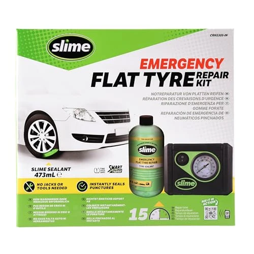 Slime CRK0305-IN Flat Tyre Puncture Repair, Smart Repair, Emergency Kit for car tyres, includes sealant and Tyre Inflator Pump, suitable for cars and other highway vehicles, 15 min fix