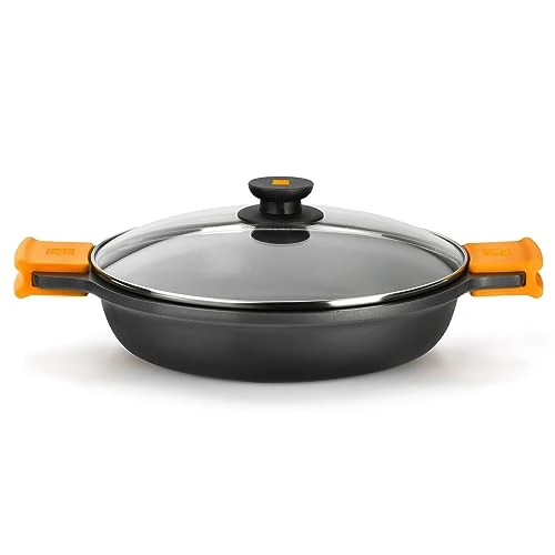 Limited offer: BRA 7.1L Efficient Cast Aluminium Low Casserole Dish with Lid - Black & Orange. Shallow Casserole Pan with Non-Stick PFOA-Free Platinum Plus Coating. Includes Tempered Glass Lid and Silicone Grips. from 76.87 USD to 70.69 USD (save 8%)