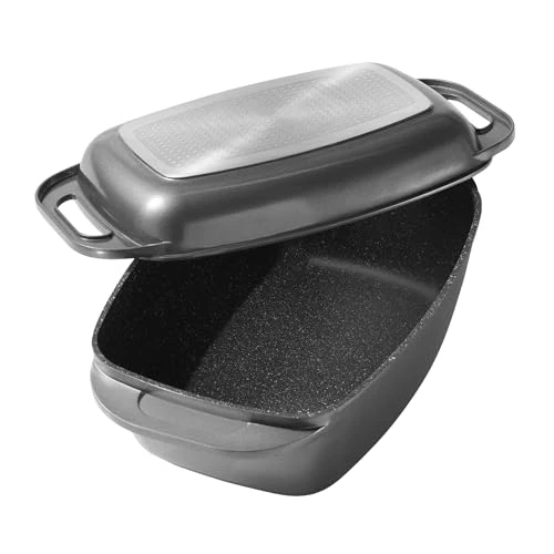Offerta a tempo: STONELINE Casseruola XXL 43x26 cm, Rostiera con Coperchio in Alluminio Pressofuso a Induzione, Coperchio utilizzabile come Stampo, Rivestimento Antiaderente con Vere Particelle di Pietra, Grigio - 0.00% da 160.95 € a 160.95 €