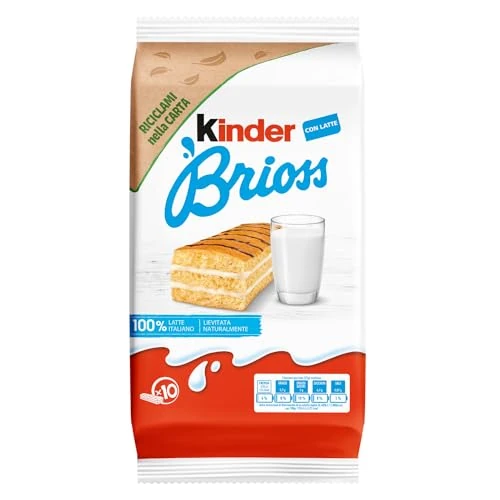 Offerta a tempo: Kinder Brioss - 10 Merendine di Pan di Spagna, Lievitate Naturalmente, con Farcitura al Latte 100% Italiano, Ottime a Colazione e Merenda, Confezione da 270 Grammi - 17% da 2.99 € a 2.49 €