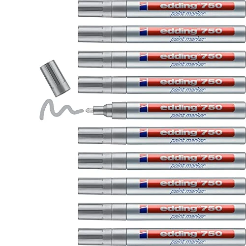 edding 750 Marcatore a Vernice, Argento, 10 Penne, Punta Tonda 2-4 Mm, per Marcare Ed Etichettare Metallo, Vetro, Rocce, Plastica, Resistente Al Calore, Anti Sbavature, Impermeabile