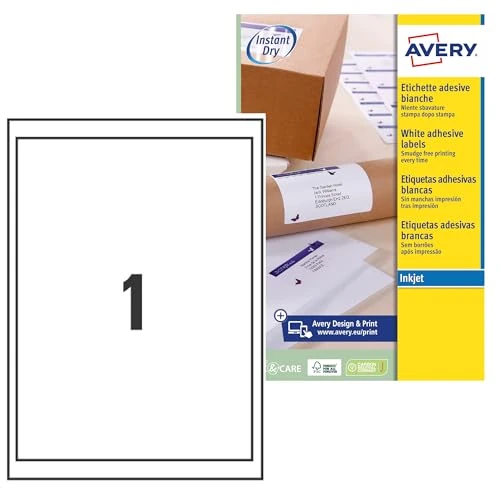 Oferta limitada: Avery España J8167-25 - Etiquetas blancas adhesivas para impresora inkjet,199.6x289.1mm, Cajaj de 25 hojas de 14.73 € a 14.73 € (ahorro 0.00%)