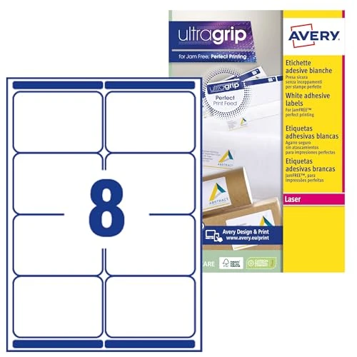 Offerta a tempo: Avery Italia L7165-100 Etichette adesive in carta bianca, 100 fogli A4, rettangolari 99,1x67,7mm, 8 etichette per foglio, adesivo permanente, stampanti laser - 39% da 65.64 € a 40.36 €