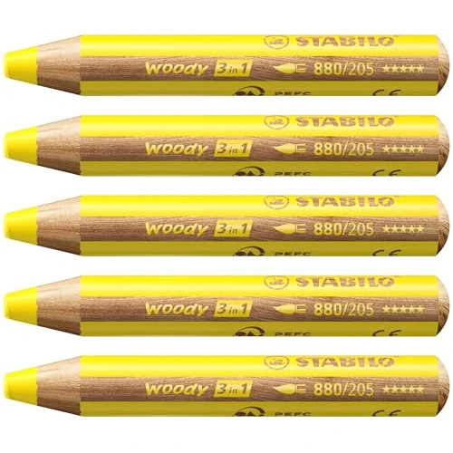 STABILO woody 3-in-1 - Multi-Talented Pencil - Pack of 5 - Yellow