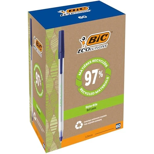 BIC Round Stic ECOlutions Bolígrafos de Punta Media (1,0 mm) – Azul, Caja de 60 unidades - Fabricados con un 74% de materiales reciclados (8932402)