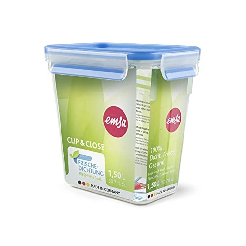 Offerta a tempo: Emsa 508543 rettangolare contenitore di alimento con coperchio, 1,6 litri, trasparente / blu, Clip & Chiudi - 22% da 12.99 € a 10.07 €