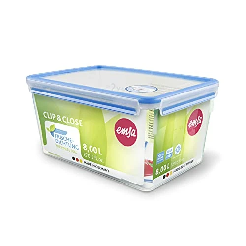 Offerta a tempo: Emsa 508548 Contenitore per alimenti rettangolare con coperchio, 8,2 litri, trasparente / blu, Clip & Chiudi - 12% da 24.90 € a 22.01 €